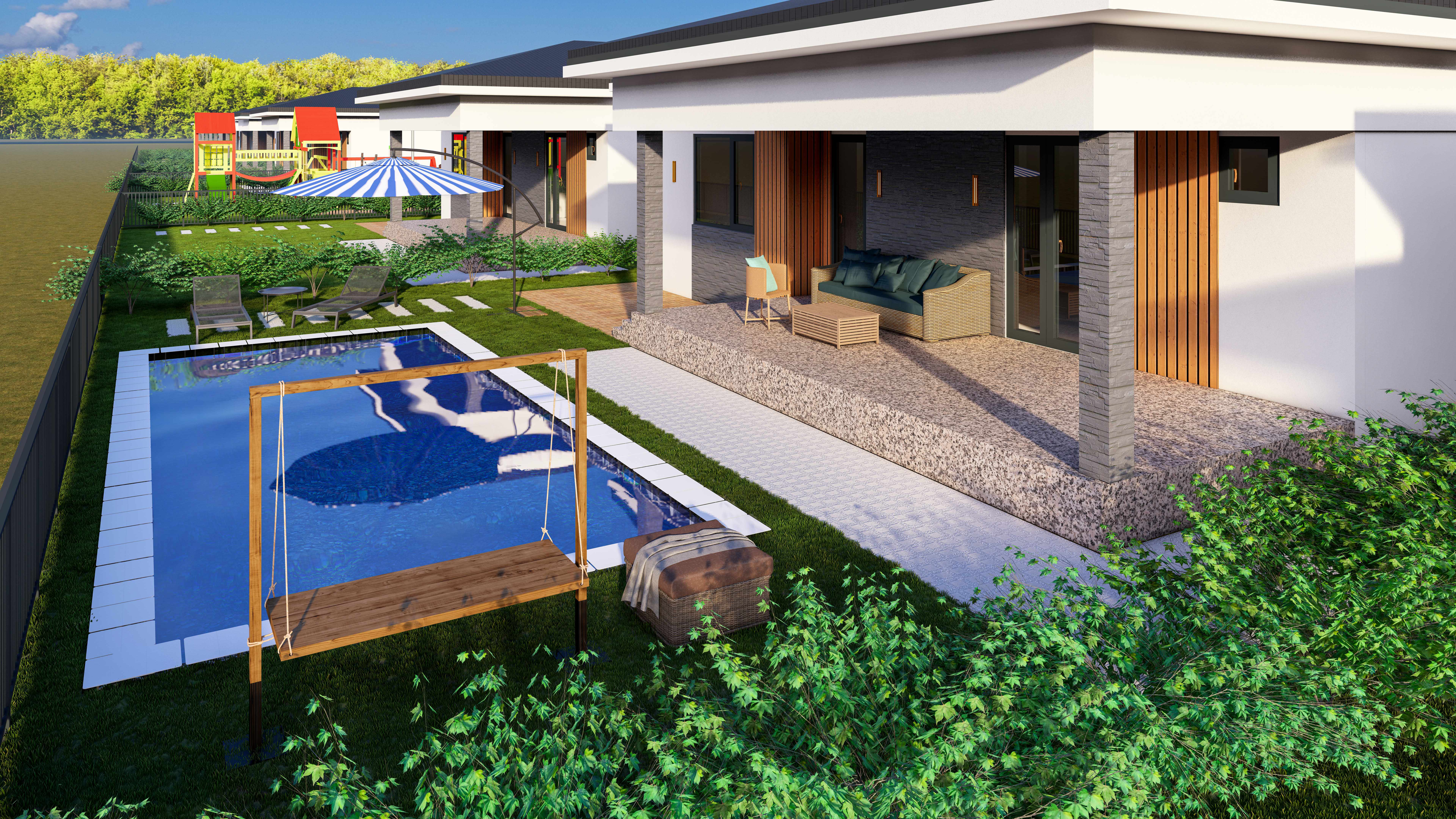 Curte cu piscină și terasă la Serena Residence