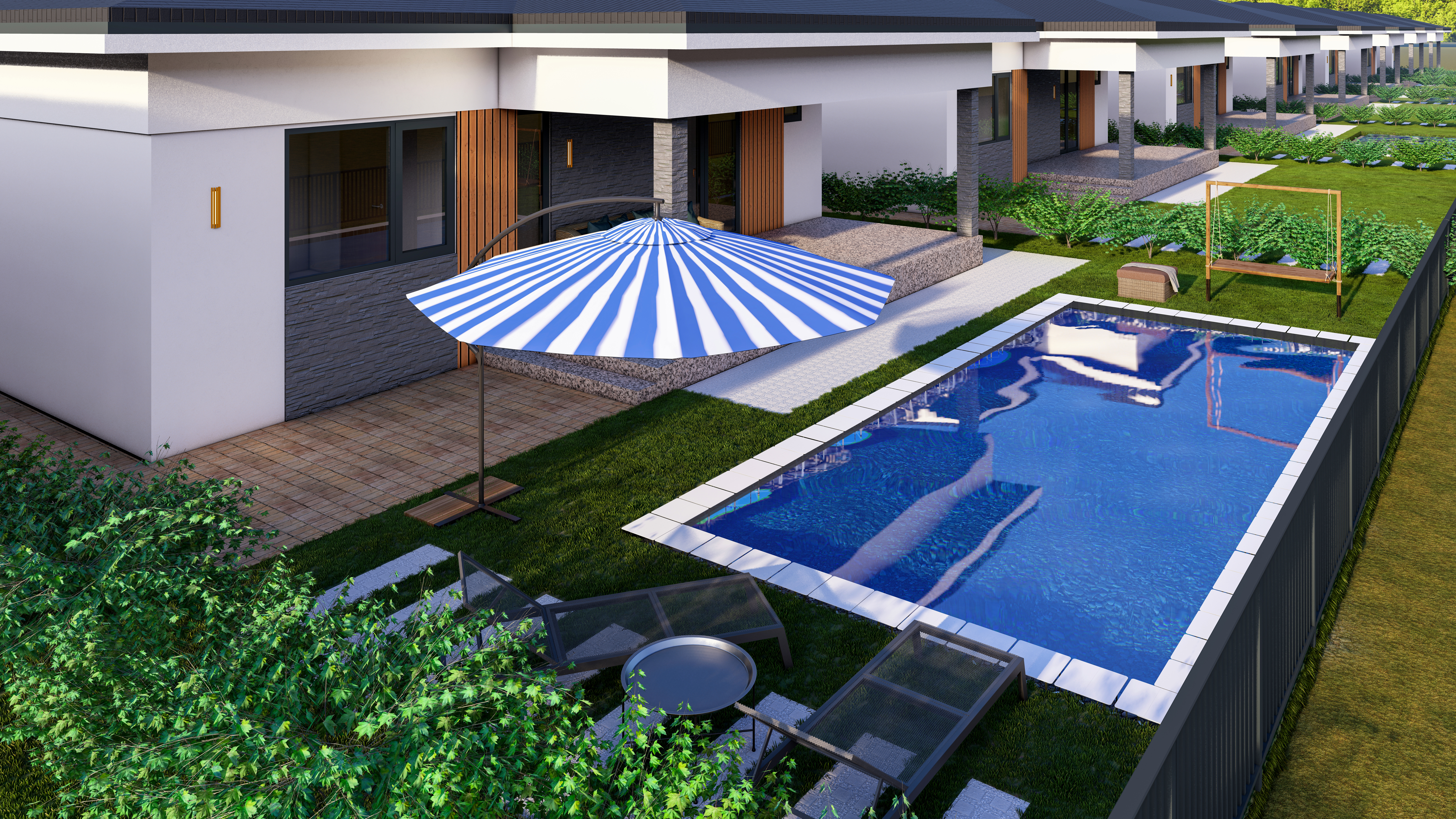 Curte cu piscină și terasă acoperită